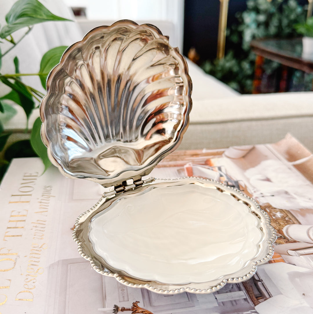 Vintage Silver-Plated Shell Butter Dish & Caviar Server With Milk Glass Liner