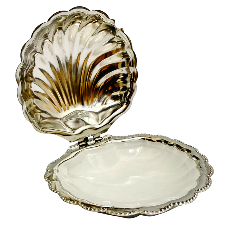 Vintage Silver-Plated Shell Butter Dish & Caviar Server With Milk Glass Liner