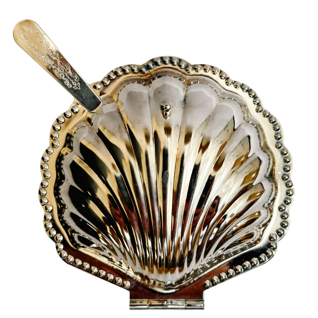 Vintage Silver-Plated Shell Butter Dish & Caviar Server With Spreader and Glass Liner