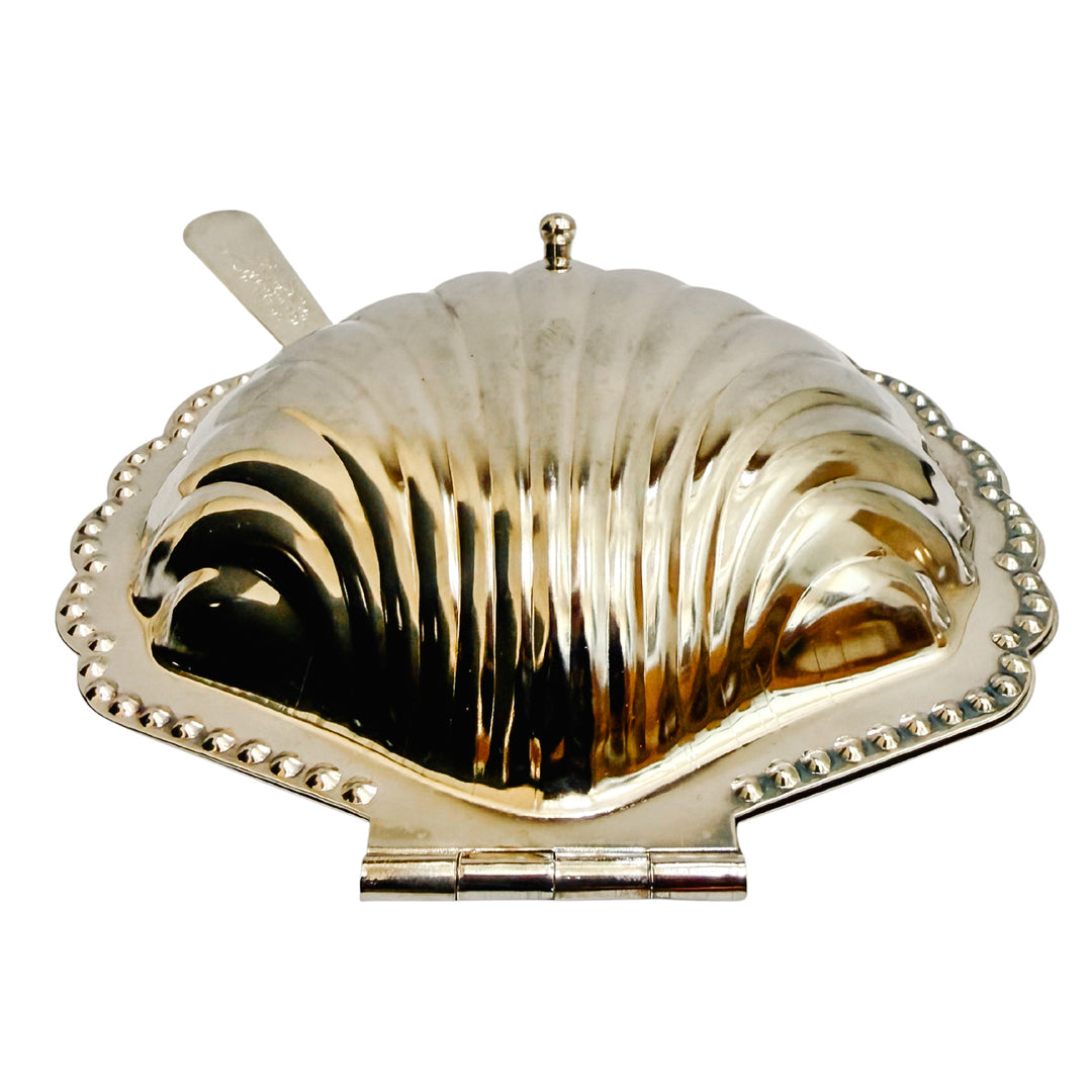 Vintage Silver-Plated Shell Butter Dish & Caviar Server With Spreader and Glass Liner