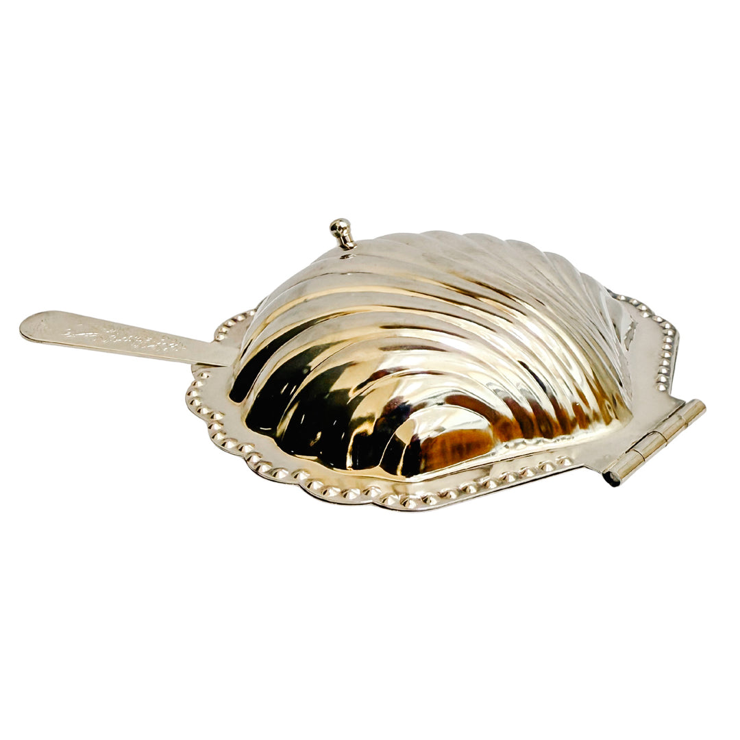 Vintage Silver-Plated Shell Butter Dish & Caviar Server With Spreader and Glass Liner