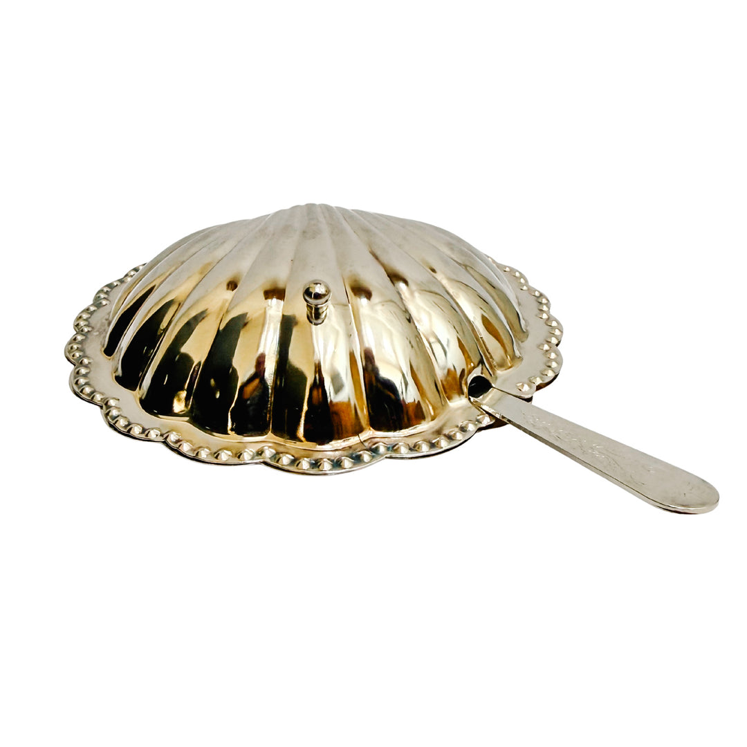 Vintage Silver-Plated Shell Butter Dish & Caviar Server With Spreader and Glass Liner