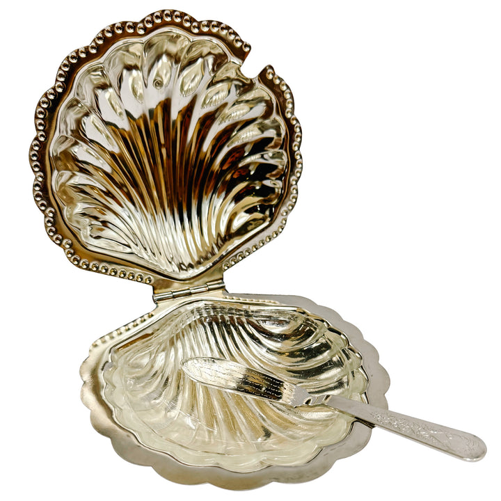 Vintage Silver-Plated Shell Butter Dish & Caviar Server With Spreader and Glass Liner
