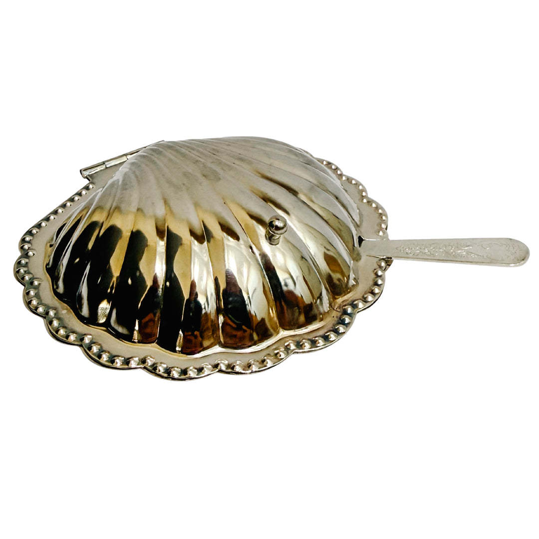 Vintage Silver-Plated Shell Butter Dish & Caviar Server With Spreader and Glass Liner