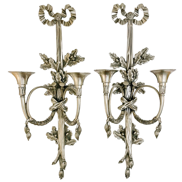 Vintage Silver Bow & Tassel Two Arm Candle Holder Wall Sconces 