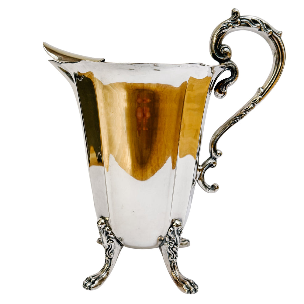 Mid-Century American Silverplate Water Pitcher With Lion’s Paw Feet & Scroll Handle