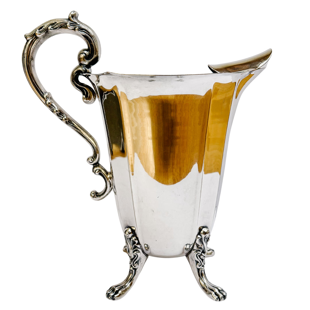 Mid-Century American Silverplate Water Pitcher With Lion’s Paw Feet & Scroll Handle