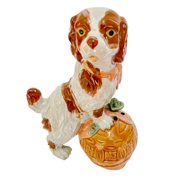 Large 12" Staffordshire Style Pottery Spaniel On Carved Ball