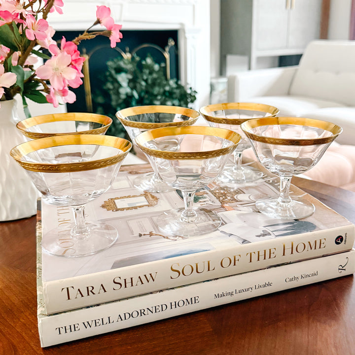 Tiffin-Franciscan Laurel Gold Encrusted Rimmed Sherbet / Cocktail Glasses, Set of 12