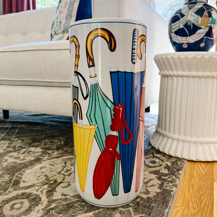 Vintage Umbrella Stand With Illustrated Umbrellas