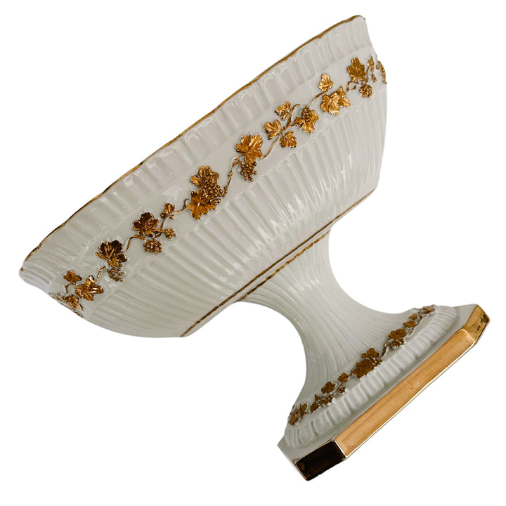 Vintage White Porcelain Pedestal Compote With Gold Grapevines