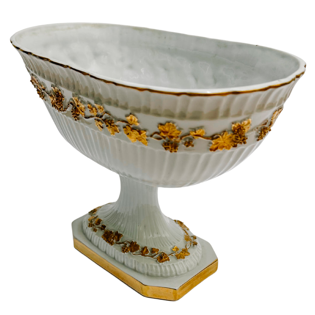 Vintage White Porcelain Pedestal Compote With Gold Grapevines
