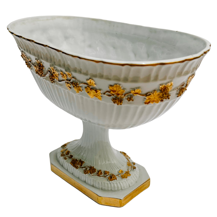 Vintage White Porcelain Pedestal Compote With Gold Grapevines