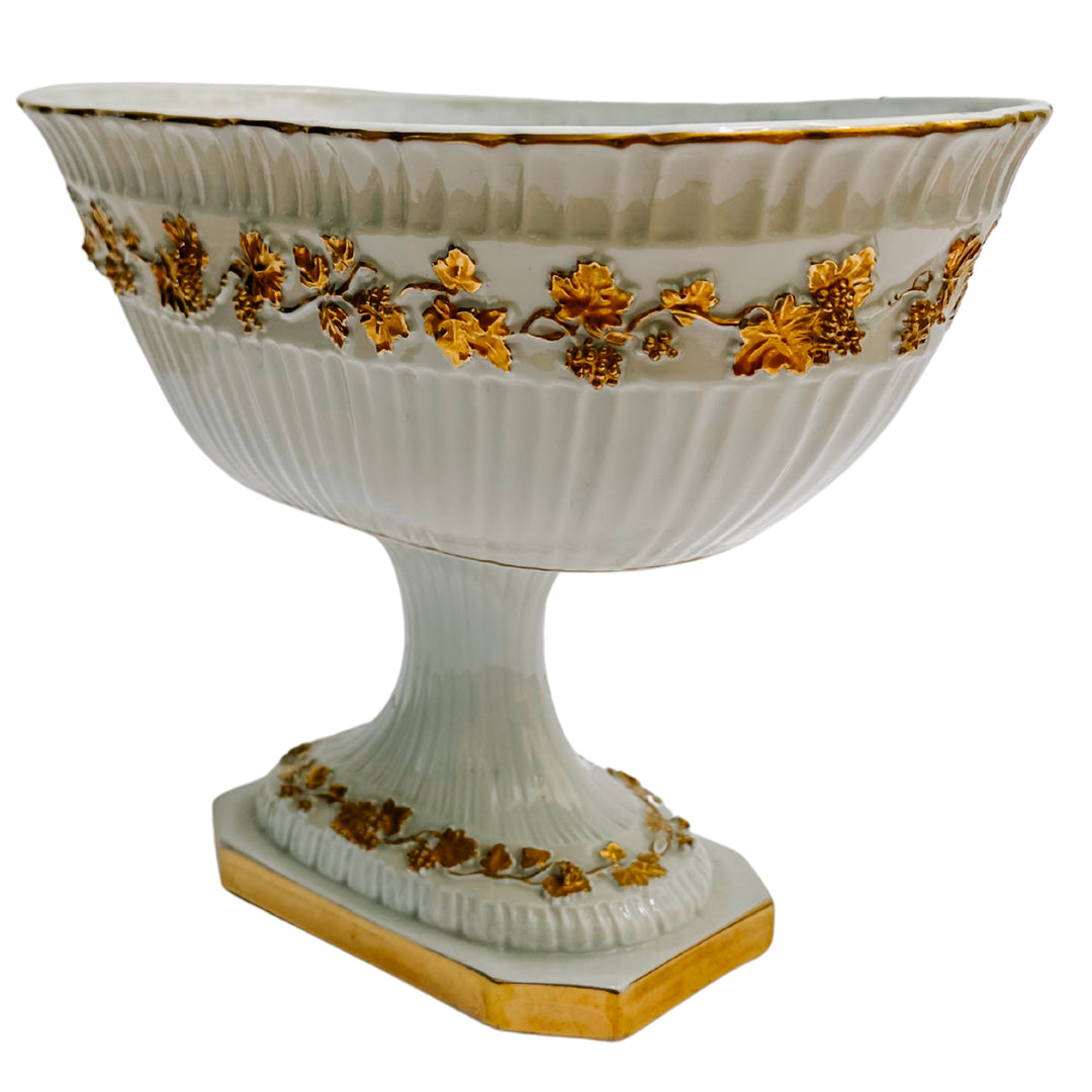 Vintage White Porcelain Pedestal Compote With Gold Grapevines