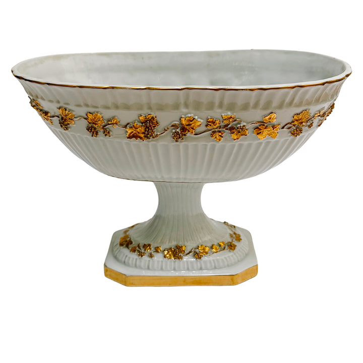Vintage White Porcelain Pedestal Compote With Gold Grapevines