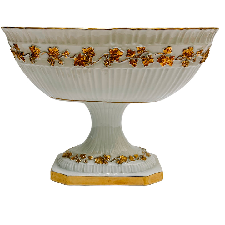 Vintage White Porcelain Pedestal Compote With Gold Grapevines