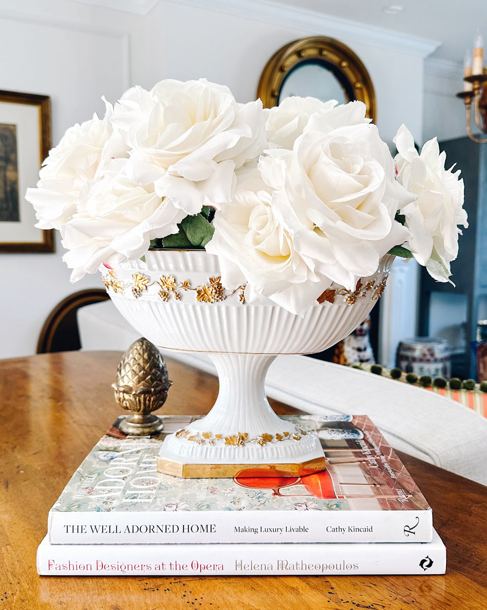 Vintage White Porcelain Pedestal Compote With Gold Grapevines
