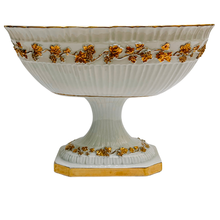 Vintage White Porcelain Pedestal Compote With Gold Grapevines
