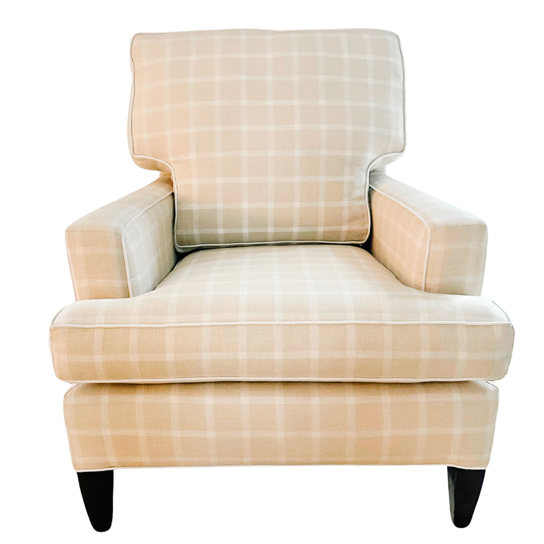 White & Cream Plaid Club Chair With Ottoman on Casters