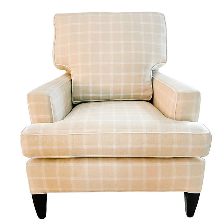 White & Cream Plaid Club Chair With Ottoman on Casters