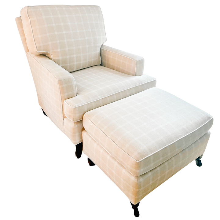 White & Cream Plaid Club Chair With Ottoman on Casters