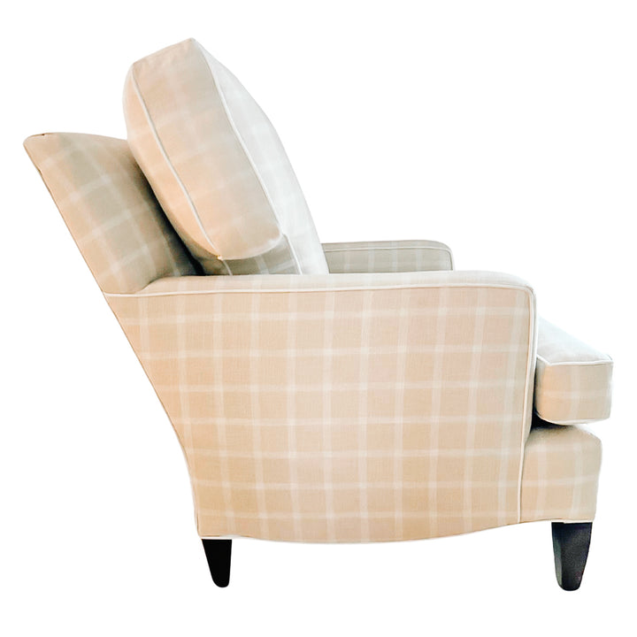 White & Cream Plaid Club Chair With Ottoman on Casters