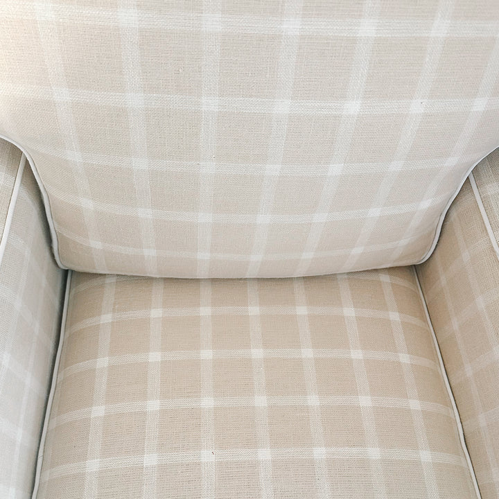 White & Cream Plaid Club Chair With Ottoman on Casters