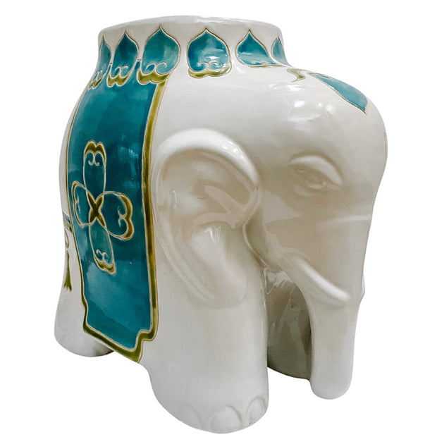 1980s Mid-Size White & Teal Ceramic Elephant Plant Stand