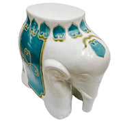 1980s Mid-Size White & Teal Ceramic Elephant Plant Stand
