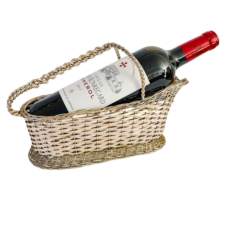 Vintage Woven Silver-Plated Wine Bottle Basket Caddy & Sommelier Basket