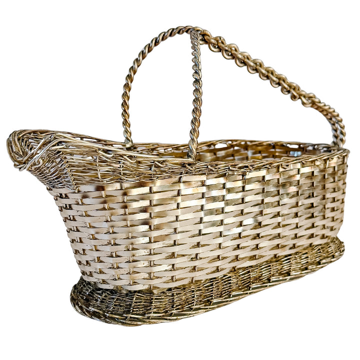 Vintage Woven Silver-Plated Wine Bottle Basket Caddy & Sommelier Basket