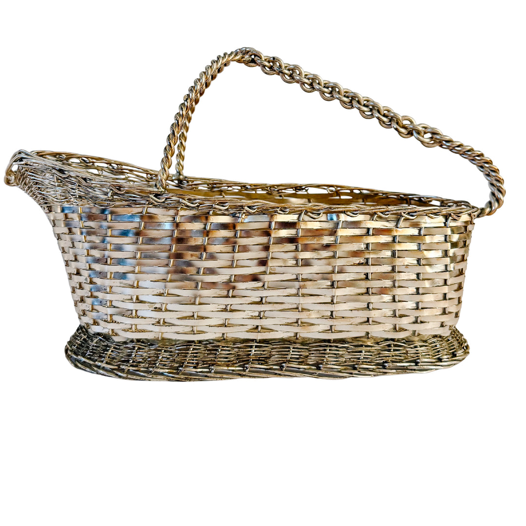 Vintage Woven Silver-Plated Wine Bottle Basket Caddy & Sommelier Basket