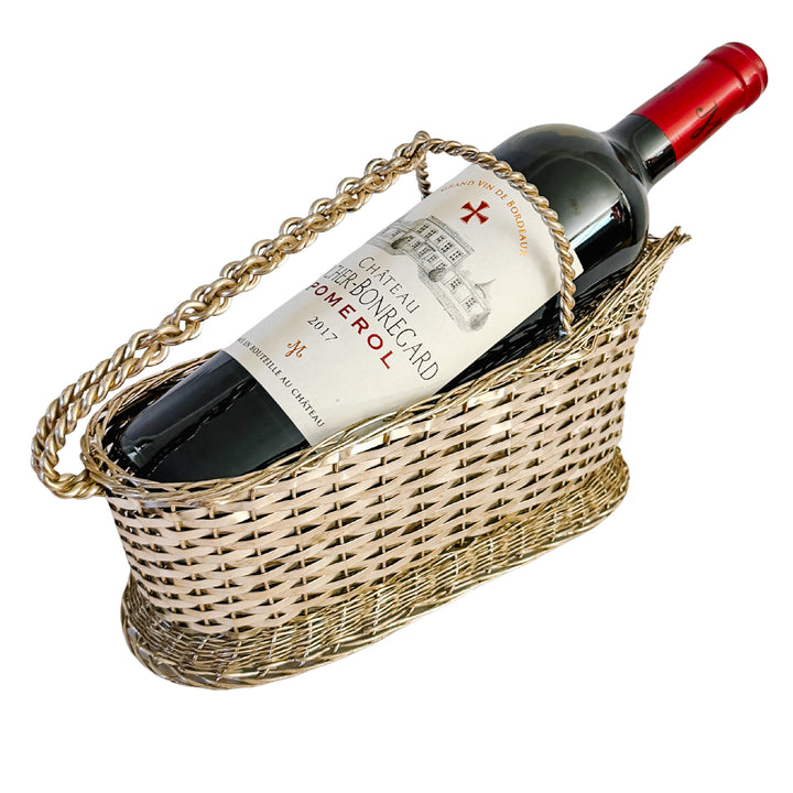 Vintage Woven Silver-Plated Wine Bottle Basket Caddy & Sommelier Basket