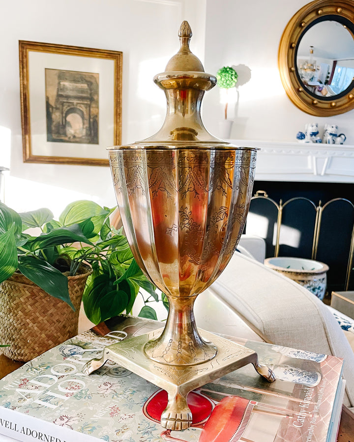 Vintage Brass Neoclassical Style Etched Brass Urn