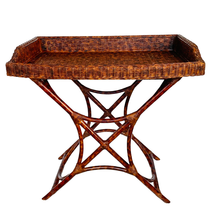 Vintage Tortoiseshell Finish Bamboo and Rattan Tray Table