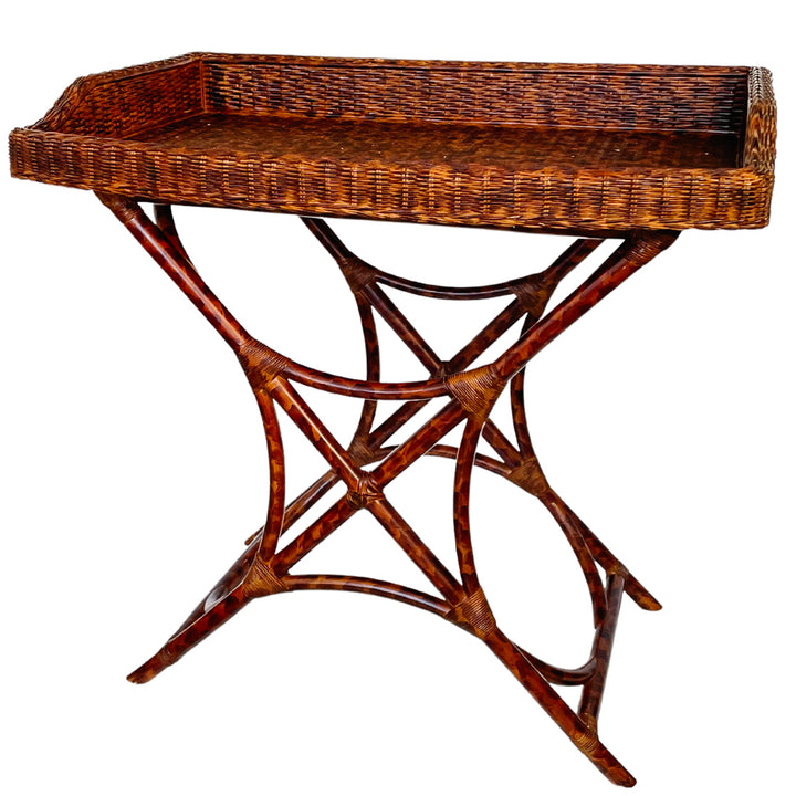 Vintage Tortoiseshell Finish Bamboo and Rattan Tray Table