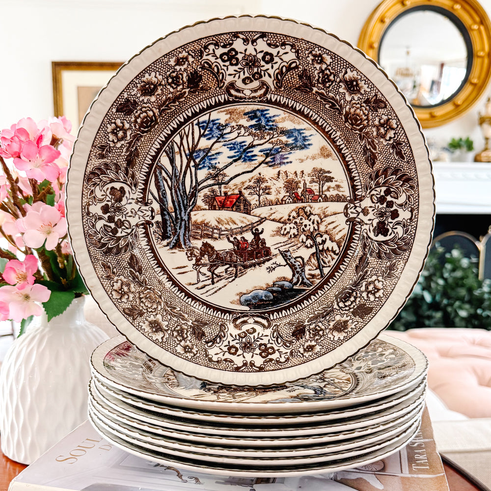 Vintage Chase Import Currier & Ives Style Winter Sleigh Ride Ironstone Dinner Plates