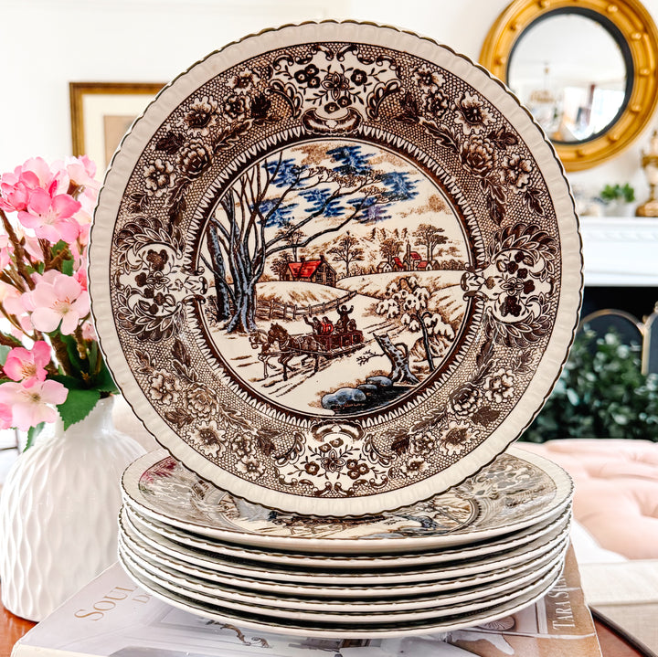 Vintage Chase Import Currier & Ives Style Winter Sleigh Ride Ironstone Dinner Plates