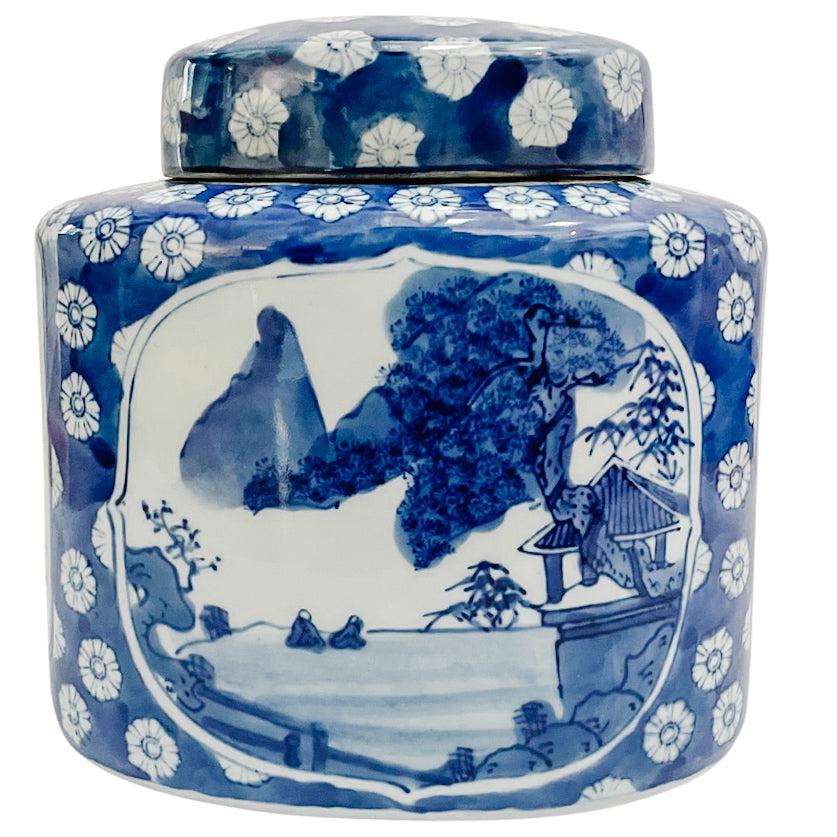 Vintage Chinese Blue Willow Porcelain Large Tea Caddy