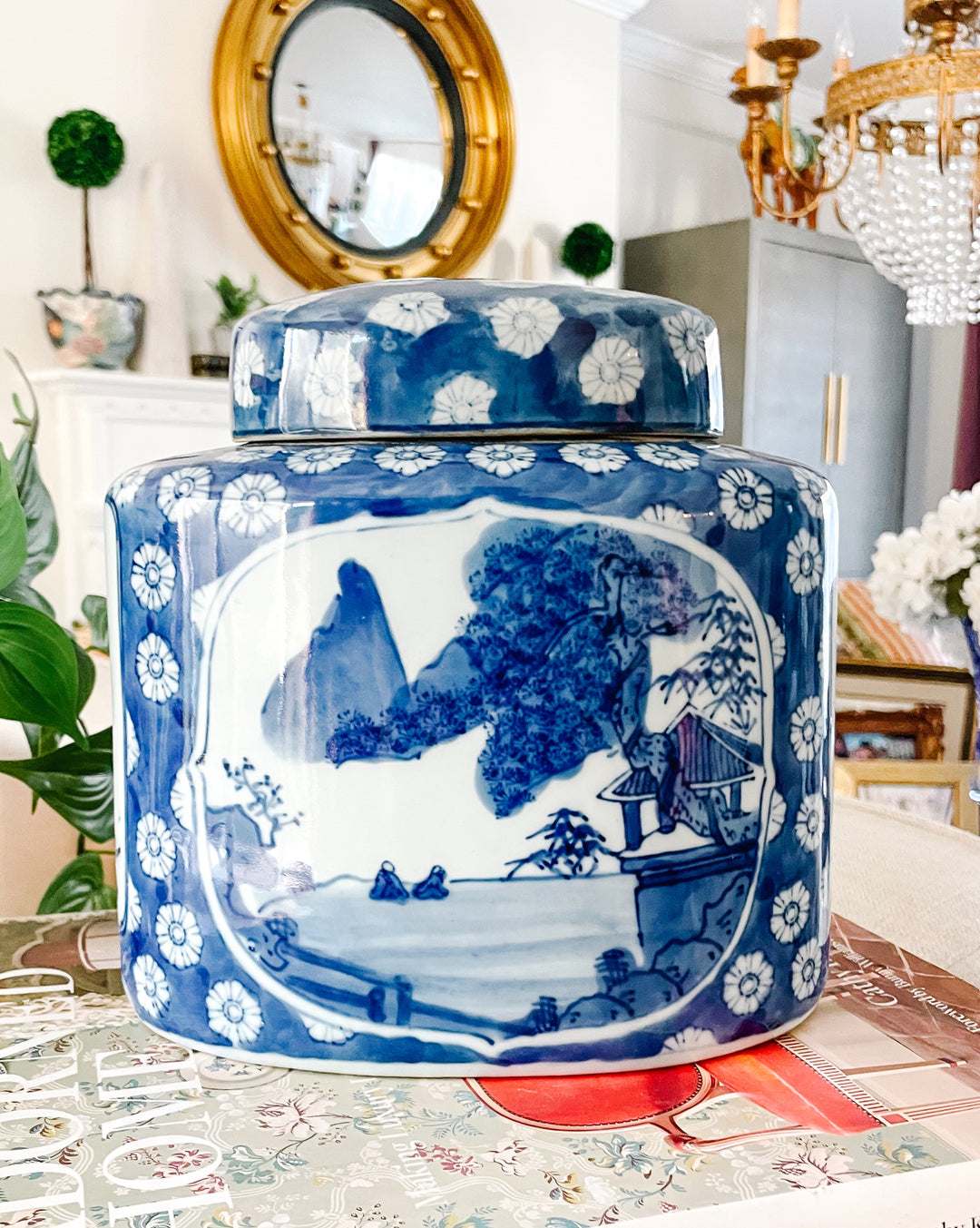 Vintage Chinese Blue Willow Porcelain Large Tea Caddy