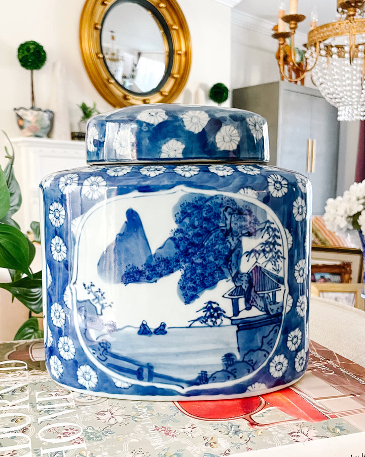 Vintage Chinese Blue Willow Porcelain Large Tea Caddy