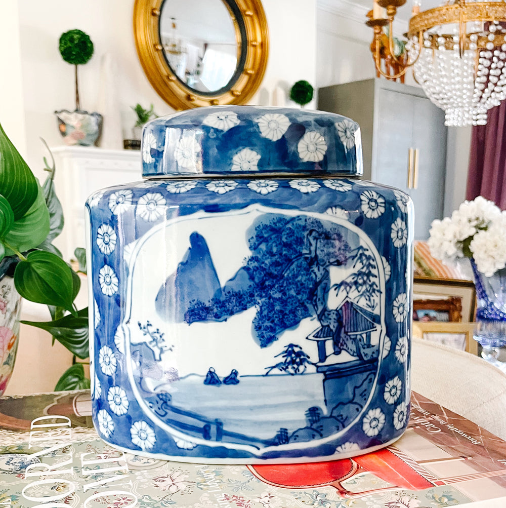 Vintage Chinese Blue Willow Porcelain Large Tea Caddy