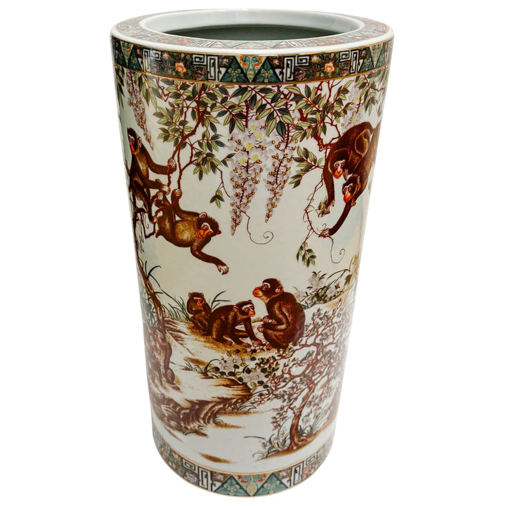 Vintage Chinese Chinoiserie Monkeys Umbrella Stand