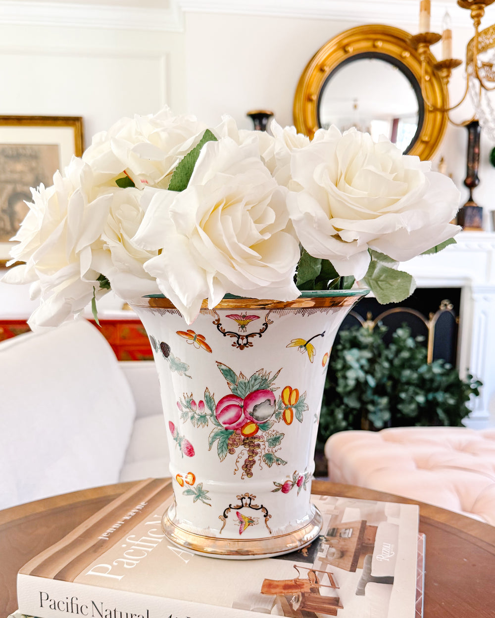 Vintage Chinese Export Porcelain Cachepot – Botanical Fruit & Butterflies Motif With Gilt Trim