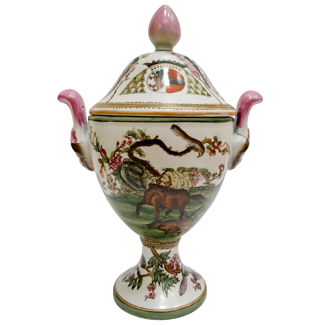 Vintage Chinese Export Style Armorial Pedestal Urn with Geisha Handles