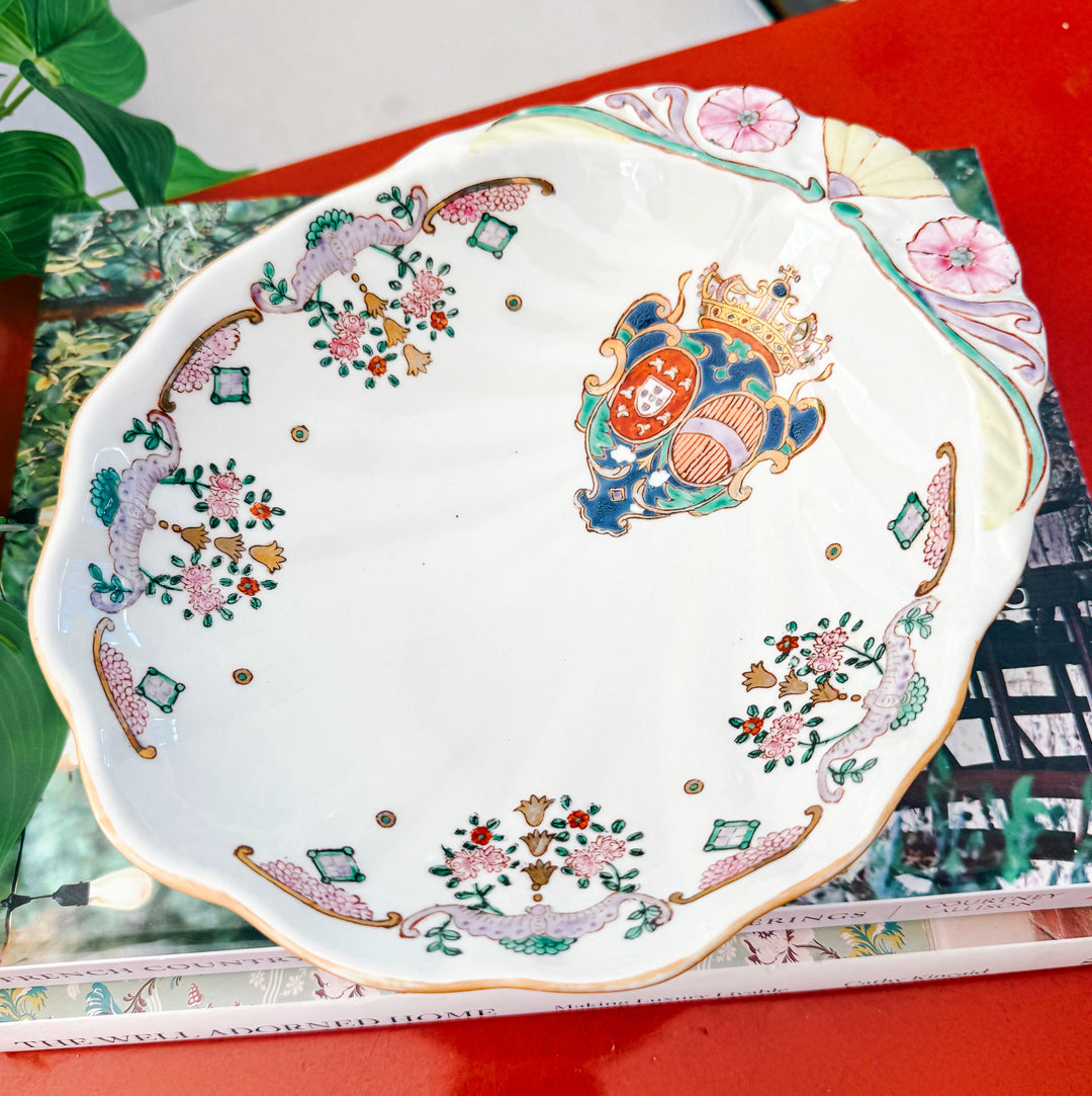 Vintage Chinese Export Style Armorial Scalloped Shell Dish with Royal Coat of Arms