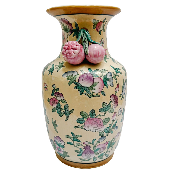 Vintage Chinese Famille Rose Vase with Pomegranate Handles