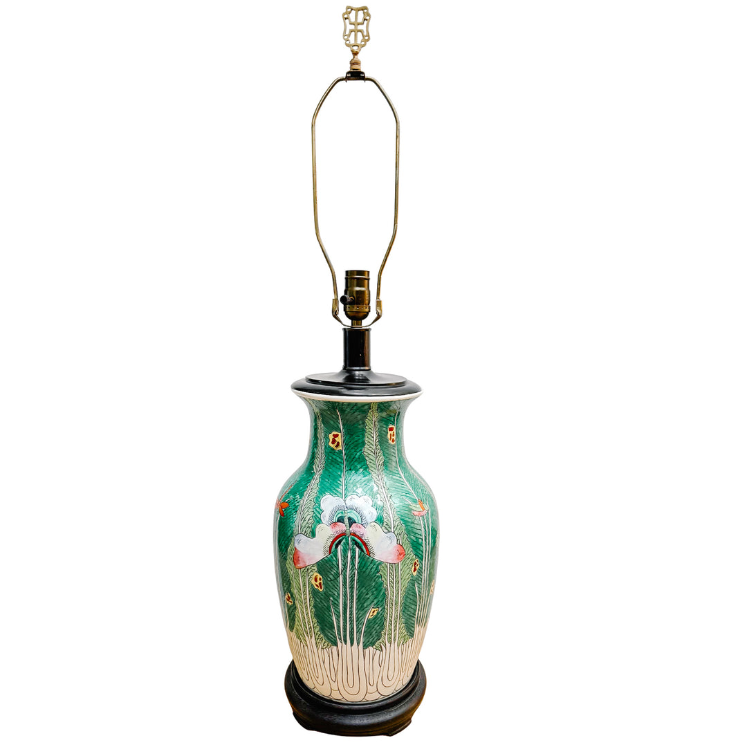 Vintage Chinese Famille Verte Bok Choy Table Lamp with Longevity Finial