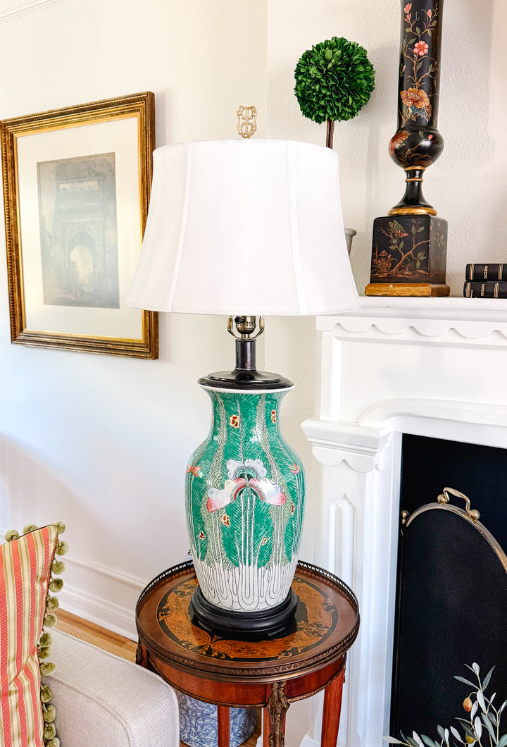 Vintage Chinese Famille Verte Bok Choy Table Lamp with Longevity Finial