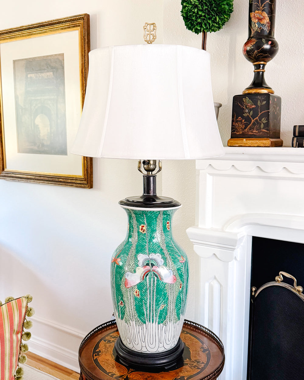 Vintage Chinese Famille Verte Bok Choy Table Lamp with Longevity Finial